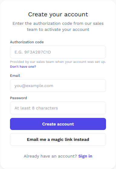 Sign up form with the Authorization code field